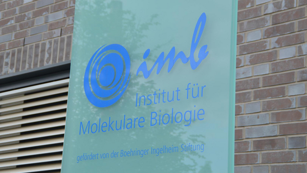 Ein Glasschild mit blauer Aufschrift vor dem IMB-Gebäude 