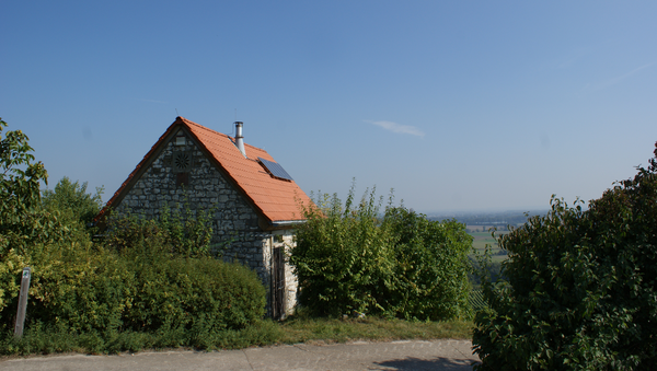 Eine Hütte in einem Weinberg, im Hintergrund Felder