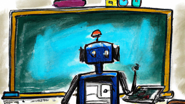 Illustration von einem Roboter, der vor einer Tafel steht