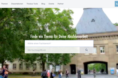 Ein Screenshot von der Thesius Website. Als Hintergrundbild der Eingang der Uni Mainz. In der Mitte ein Suchfeld. 