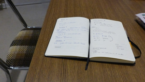 Ein volles Notizbuch auf einem Tisch.