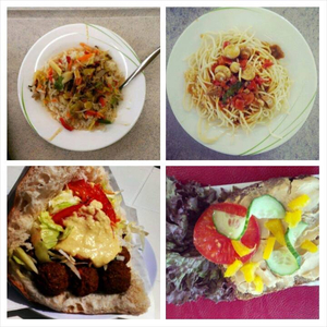 Asian Gemüse Wok, Spaghetti mit Knoblauch & Tomatensoße, Falaffel, veganer Sandwich