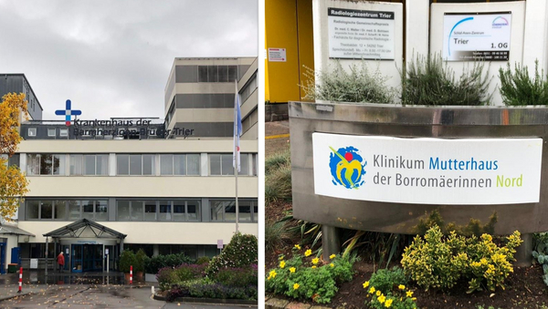 Das Bild zeigt zwei als Collage zusammengefügte Fotos: Auf der linken Seite das Gebäude des Klinikums Mutterhaus der Borromänerinnen und auf der rechten Seite ein Schild, das auf das Krankenhaus der Barmherzigen Brüder Trier hinweist.
