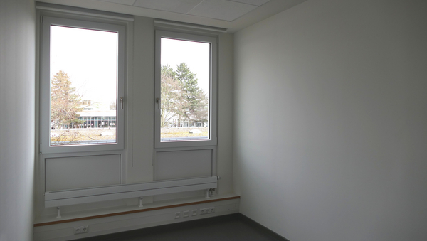 Ein Zimmer mit weißen Wänden und zwei Fenstern.