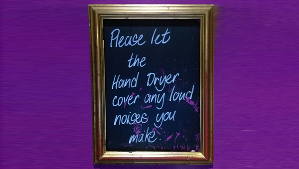 Plakat mit dem Text: Please let the hand dryer cover all loud noise you make.