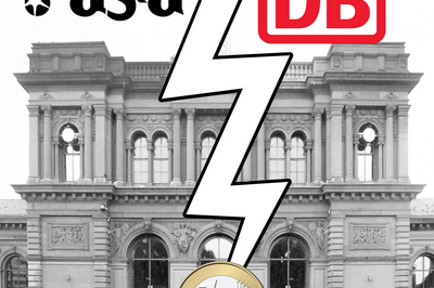 Infografik mit Blitz zwischen AStA und DB über einem Eurostück