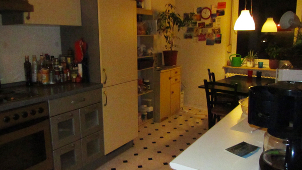 Eine Küche. An der linken Wand ein Backofen und Küchenschränke, am hinteren Ende des Zimmers eine helle Lampe, ein Esstisch mit Stühlen und ein Fenster.