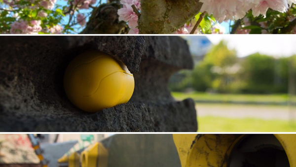 Eine Collage aus drei Bildern, auf denen jeweils ein Ü-Ei an unterschiedlichen Orten versteckt ist (in einem Baum, in einer Mauer, an einer Fahrradstation)