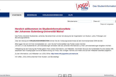 Ein Screenshot von Jogustine, dem Studiereninformationsnetz der Uni Mainz. Auf dem Bild sieht man die Startseite von Jogustine.  