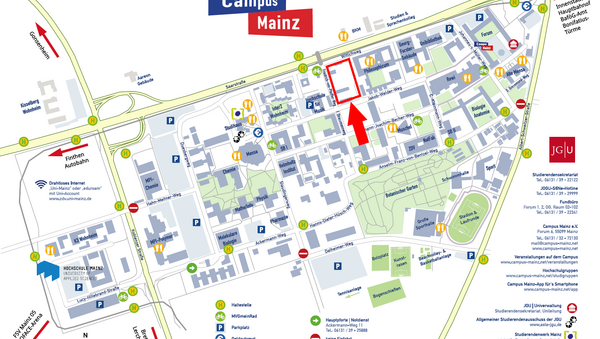 Campus-Lageplan, auf dem die Fläche des geplanten Medienhaus westlich des Philosophicums eingezeichnet ist.