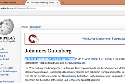 Die Seite Wikipedia.org / Unterseite von Johannes Gutenberg auf Wikipedia.org
