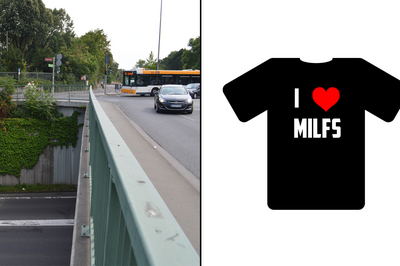 Collage: Vier Meter hohe Steilwand an der Brücke über die Saarstraße am Universitätshaupteingang (links), symbolhafte Abbildung des T-Shirts, das einer der Angreifer trug mit der Aufschrift "I ♥ MILFS"