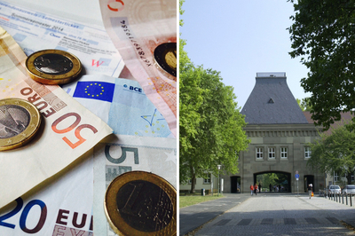 Links: Geldscheine und Münzen. Rechts: Das Forum der JGU Mainz