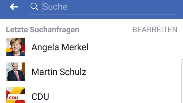 Suchleiste von Facebook mit den Begriffen Merkel, Schulz und CDu