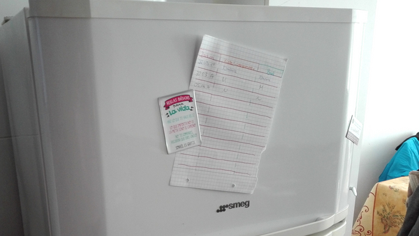 Ein Stück Papier, das mit einem Magneten an einem Kühlschrank befestigt ist. Auf das Blatt ist eine Tabelle mit Daten und Namen gezeichnet.