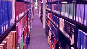 Der Gang einer Bibliothek wird links und rechts von hohen Regalen gesäumt, die durchgehend mit Büchern gefüllt sind.