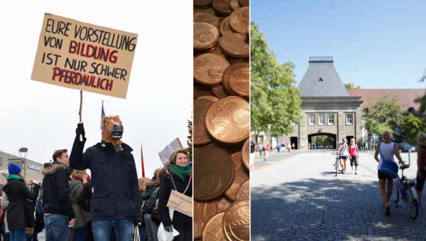 Eine Collage aus drei Bildern. Links: Ein Landauer Student mit einer Pferdemaske hält beim Bildungsstreik im Herbst 2015 ein Schild hoch, auf dem steht "Eure Vorstellung von Bildung ist nur schwer pferdaulich". Mitte: Centmünzen. Rechts: JGU Uniporta