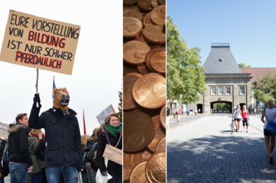 Eine Collage aus drei Bildern. Links: Ein Landauer Student mit einer Pferdemaske hält beim Bildungsstreik im Herbst 2015 ein Schild hoch, auf dem steht "Eure Vorstellung von Bildung ist nur schwer pferdaulich". Mitte: Centmünzen. Rechts: JGU Uniporta